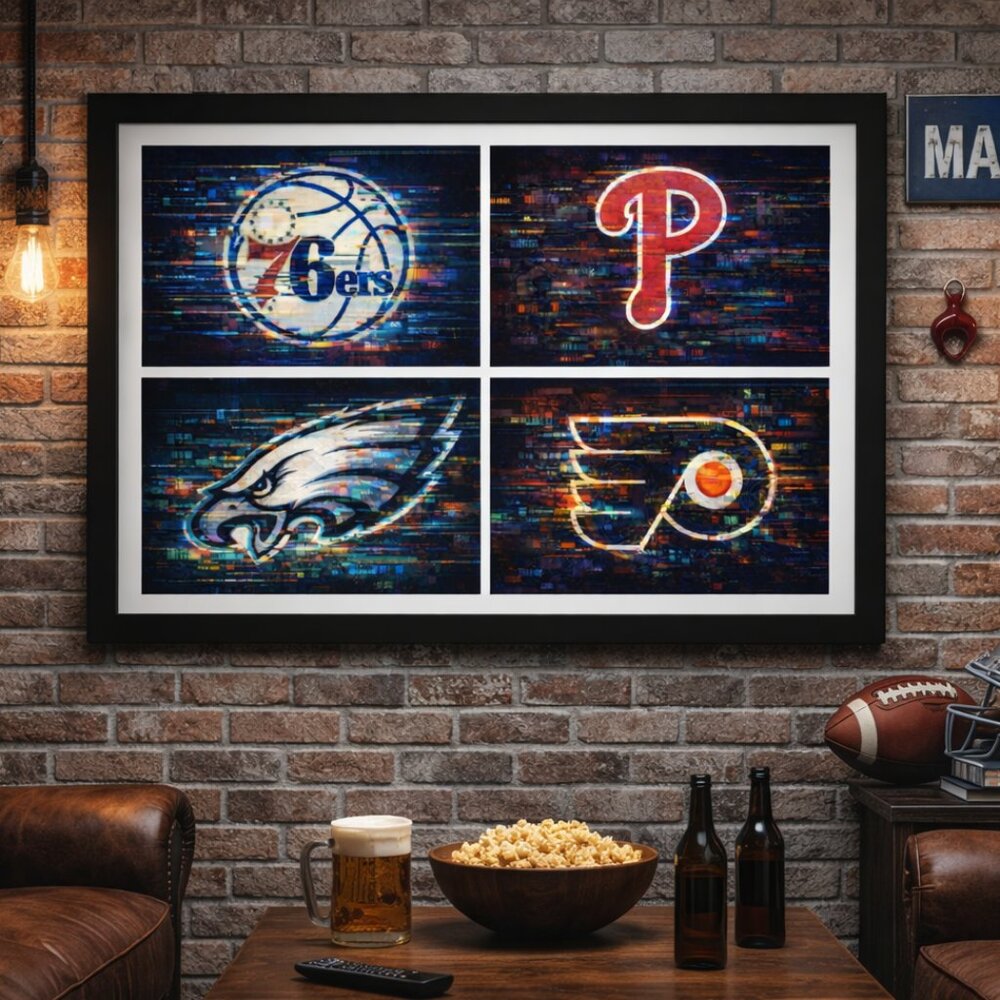 Philadelphia Sports Logos Glitch Art Framed Wall Art | 13x19 Black Frame Decor
